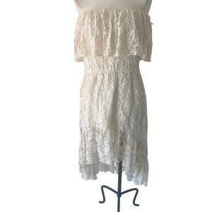 Elan Womens Dress Size Large Cream Hi Low Strapless Lace Floral Pure Cotton New